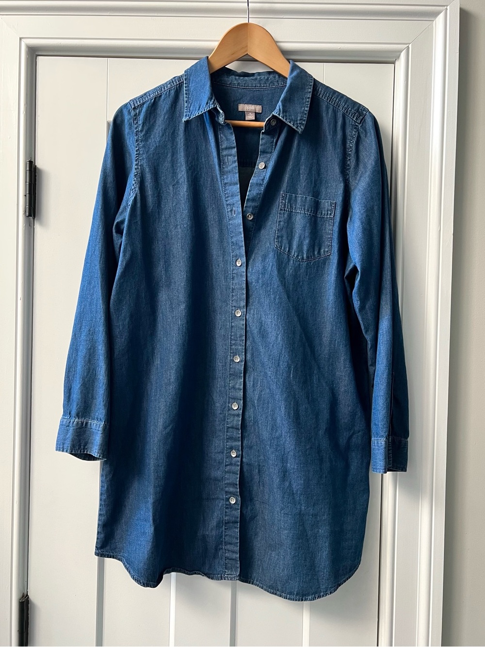 J Jill Women’s Mini Shirt Dress Blue Chambray 100% Cotton Long Sleeve Size MP